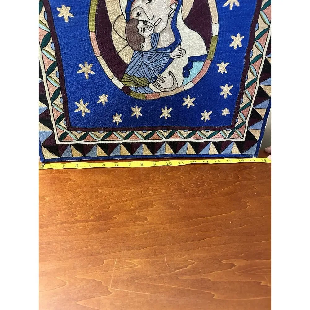 Hand Embroidered Nakshi Kantha Wall Tapestry Virgin Mary & Baby Jesus 18x18